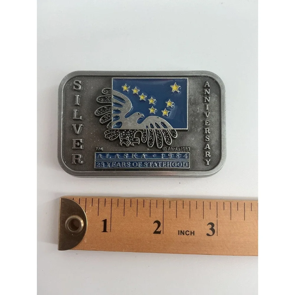 Vintage Alaska 1984 Silver Anniversary Belt Buckle 25 Years Statehood Eagle 1983